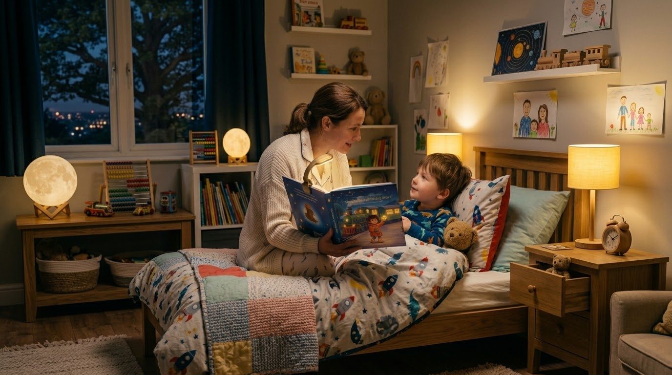 A mother reading a Storybranch adventure with her son at bedtime